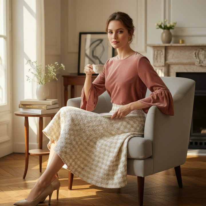 Chân váy xòe Celena kim tuyến be trắng